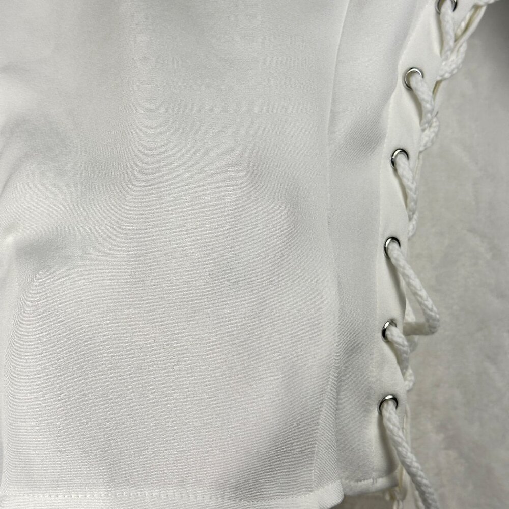 PLT WOMENS TOP SIZE 2 CREAM WOVEN LACE UP PLUNGE DETAIL LONG SLEEVE SEXY TOP NWT - Picture 10 of 12